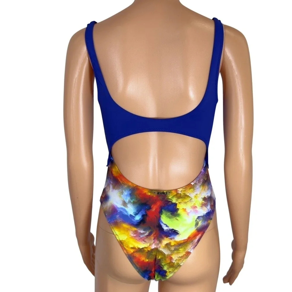 Zuiki Reversible One‎ Piece Swimsuit Blue Abstract Cloud Print Cutout Tie Front